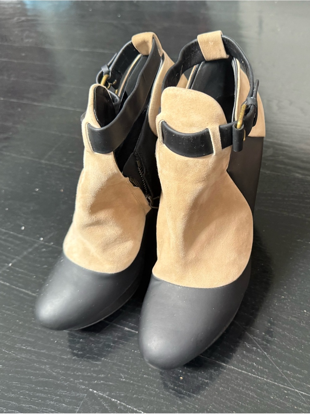 Balenciaga Black and Tan Suede Wedge Booties